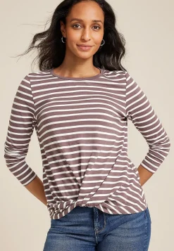 Maurices Tees-24/7 Austin Striped Knot Hem Long Sleeve Tee