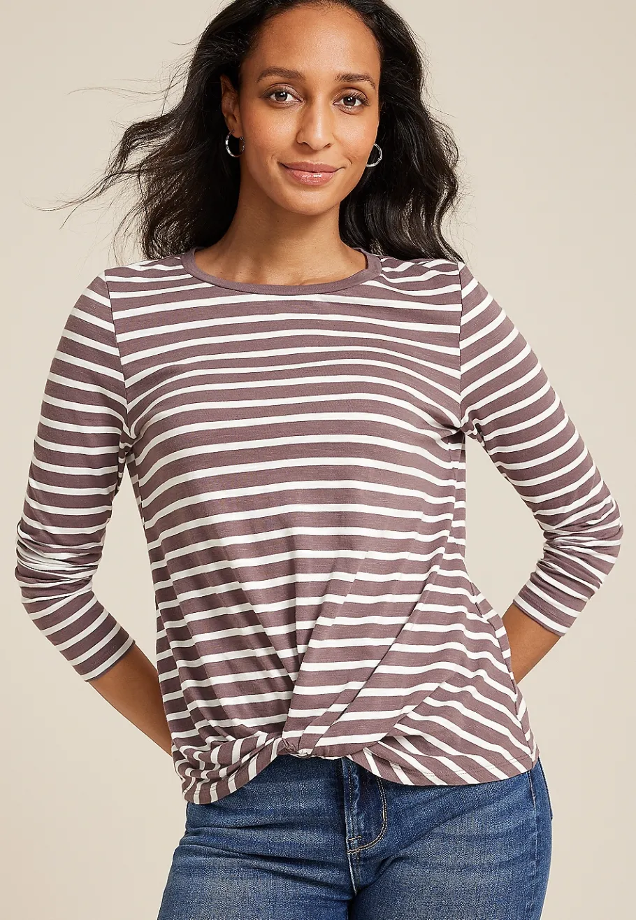 Maurices Tees-24/7 Austin Striped Knot Hem Long Sleeve Tee