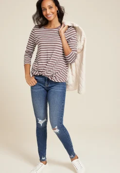 Maurices Tees-24/7 Austin Striped Knot Hem Long Sleeve Tee