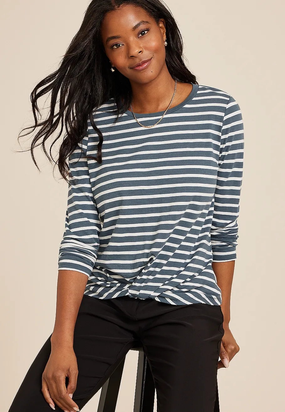 Maurices Tees-24/7 Austin Striped Knot Hem Long Sleeve Tee