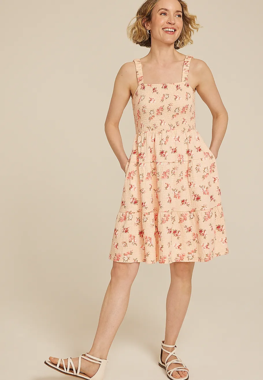 Maurices Wedding Guest & Cocktail Dresses-24/7 Bare Floral Smocked Bodice Tiered Mini Dress