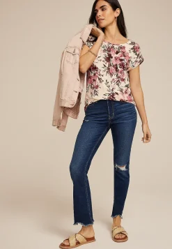 Maurices Tees-24/7 Fairhaven Floral Ruched Shoulder Tee