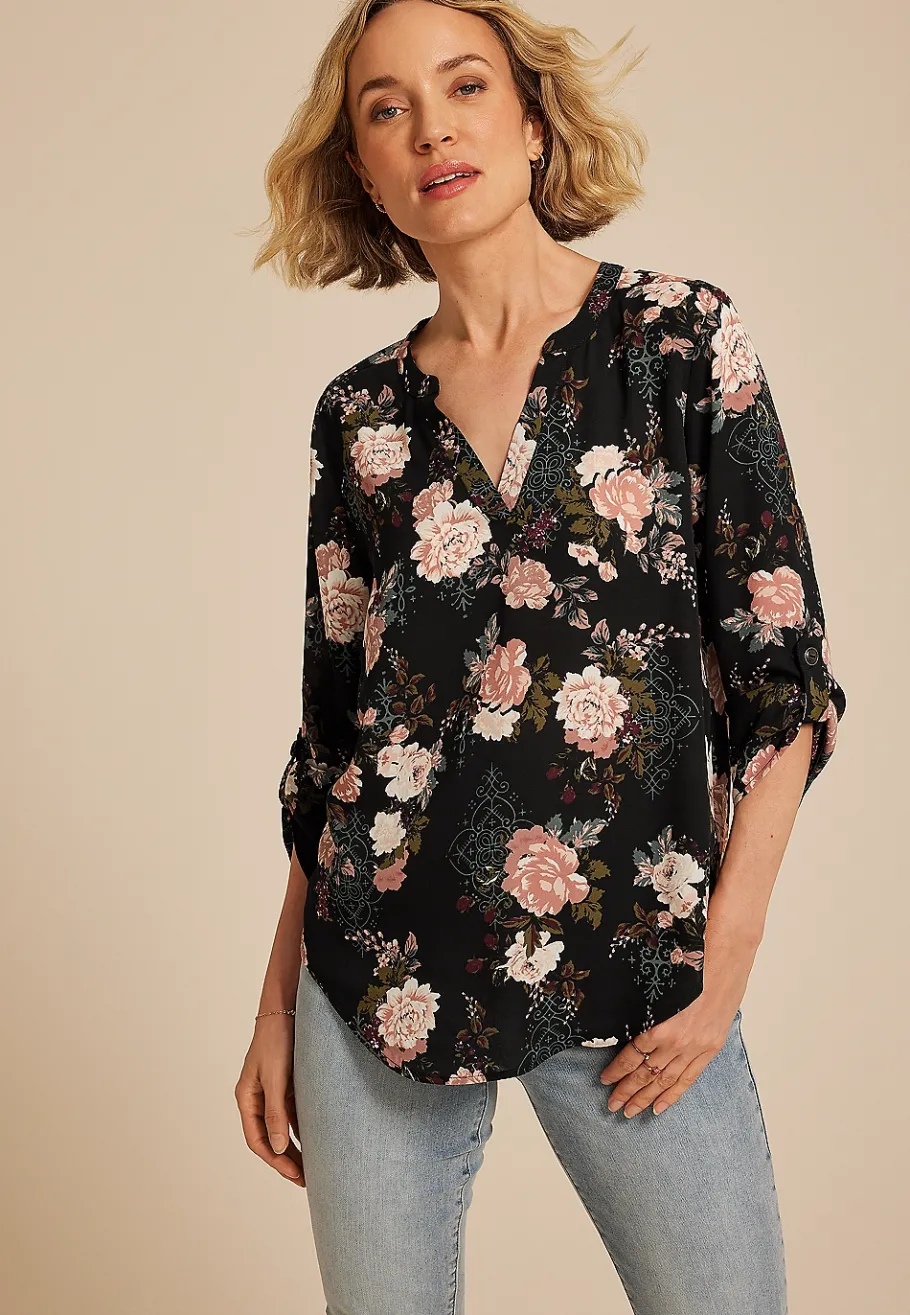 Maurices Shirts & Blouses-Atwood 3/4 Sleeve Floral V Neck Blouse