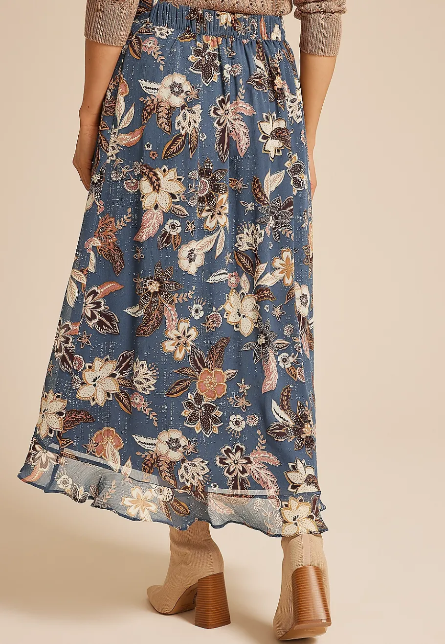 Maurices Skirts-Blue Floral Faux Wrap Maxi Skirt
