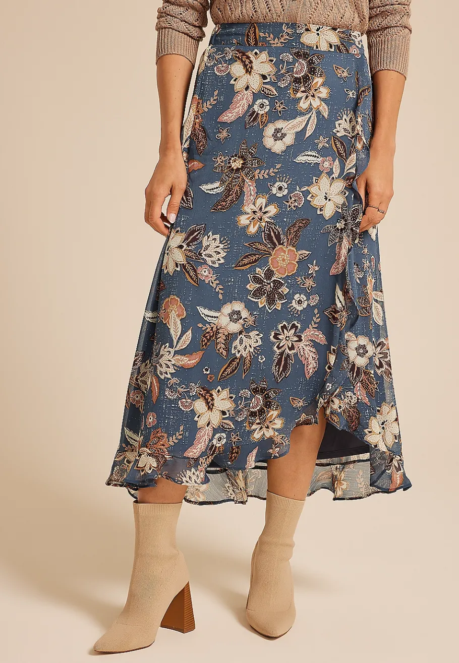 Maurices Skirts-Blue Floral Faux Wrap Maxi Skirt