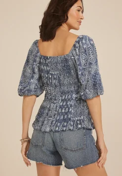Maurices Shirts & Blouses-Blue Paisley 3/4 Sleeve Smocked Blouse