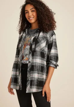 Maurices Plaid & Button Down Shirts-Cabin Plaid Boyfriend Hooded Button Down Shirt