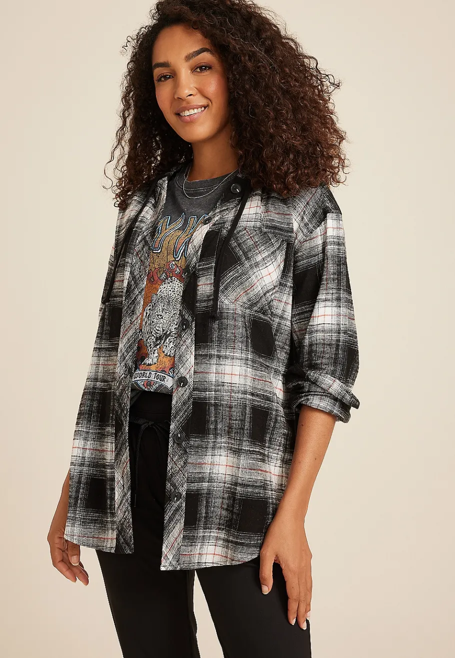 Maurices Plaid & Button Down Shirts-Cabin Plaid Boyfriend Hooded Button Down Shirt
