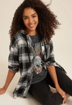 Maurices Plaid & Button Down Shirts-Cabin Plaid Boyfriend Hooded Button Down Shirt
