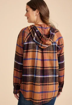 Maurices Plaid & Button Down Shirts-Cabin Plaid Boyfriend Hooded Button Down Shirt
