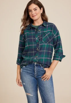 Maurices Plaid & Button Down Shirts-Cabin Plaid Boyfriend Tunic Shirt