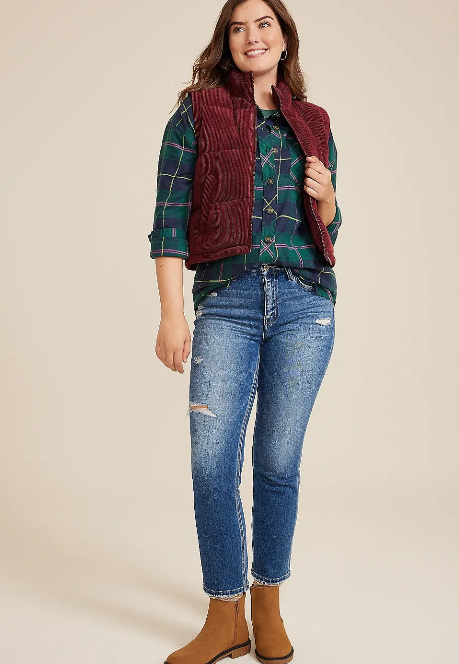 Maurices Plaid & Button Down Shirts-Cabin Plaid Boyfriend Tunic Shirt