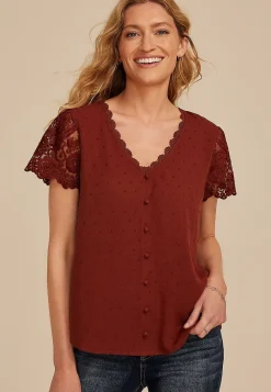 Maurices Shirts & Blouses-Clip Dot Lace Short Sleeve Blouse