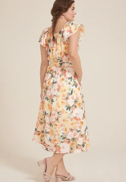 Maurices Wedding Guest & Cocktail Dresses-Cool Crepe Floral Flutter Sleeve Wrap Midi Dress