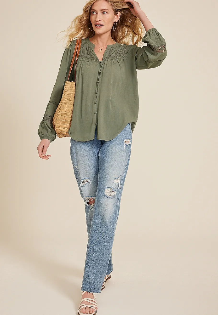 Maurices Shirts & Blouses-Crochet Trim Button Front Blouse