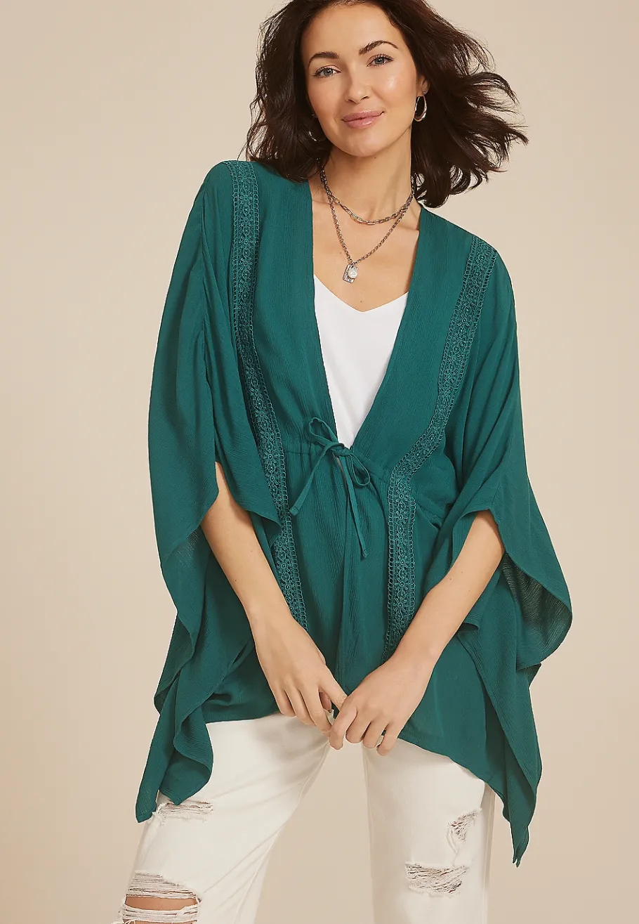 Maurices Sweaters Cardigans & Kimonos-Crochet Trim Tie Front Kimono