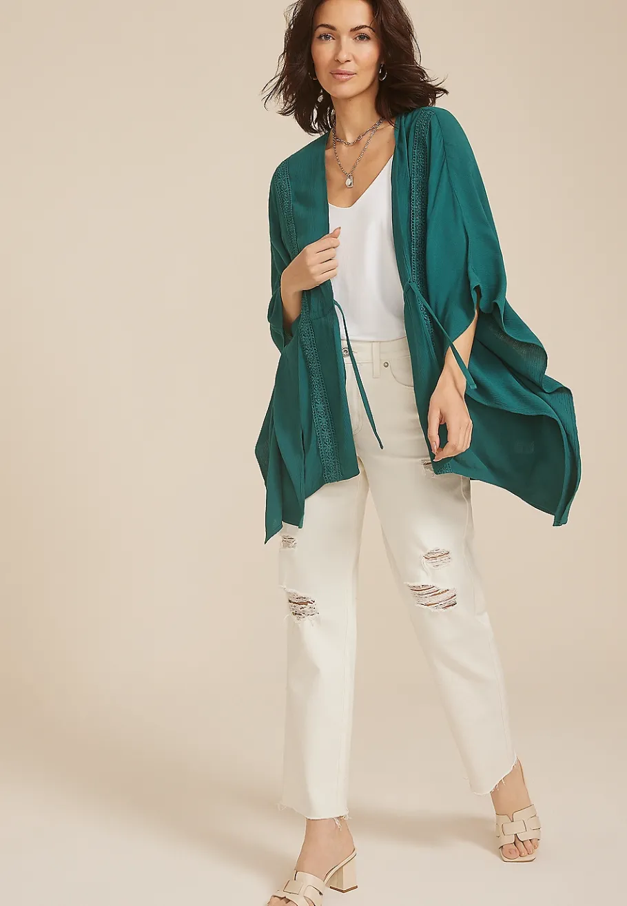 Maurices Sweaters Cardigans & Kimonos-Crochet Trim Tie Front Kimono