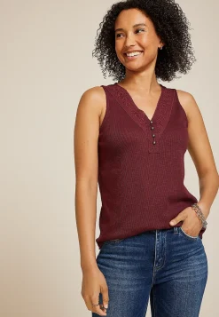 Maurices Tanks & Camis-Crochet Yoke Henley Tank Top