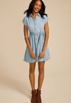 Maurices Work Dresses-Denim Tie Waist Short Sleeve Shirt Dress