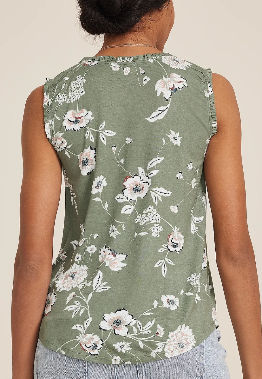 Maurices Tanks & Camis-Effortless Ruched Green Floral Tank Top