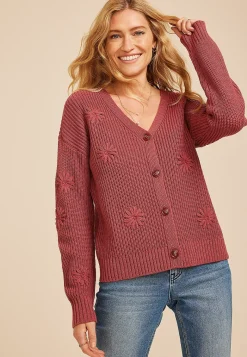 Maurices Sweaters Cardigans & Kimonos-Embroidered Floral Button Front Cardigan