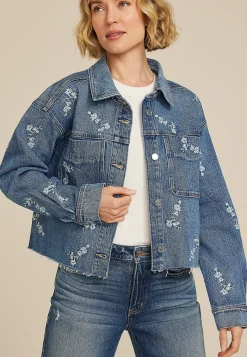 Maurices Jackets-Embroidered Floral Cropped Denim Jacket
