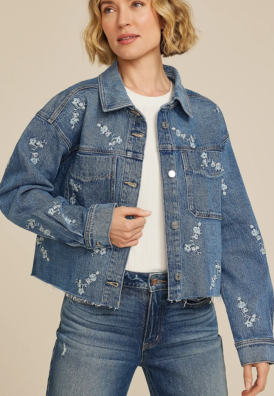 Maurices Jackets-Embroidered Floral Cropped Denim Jacket