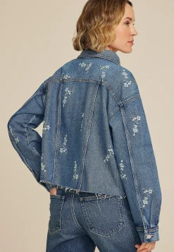 Maurices Jackets-Embroidered Floral Cropped Denim Jacket