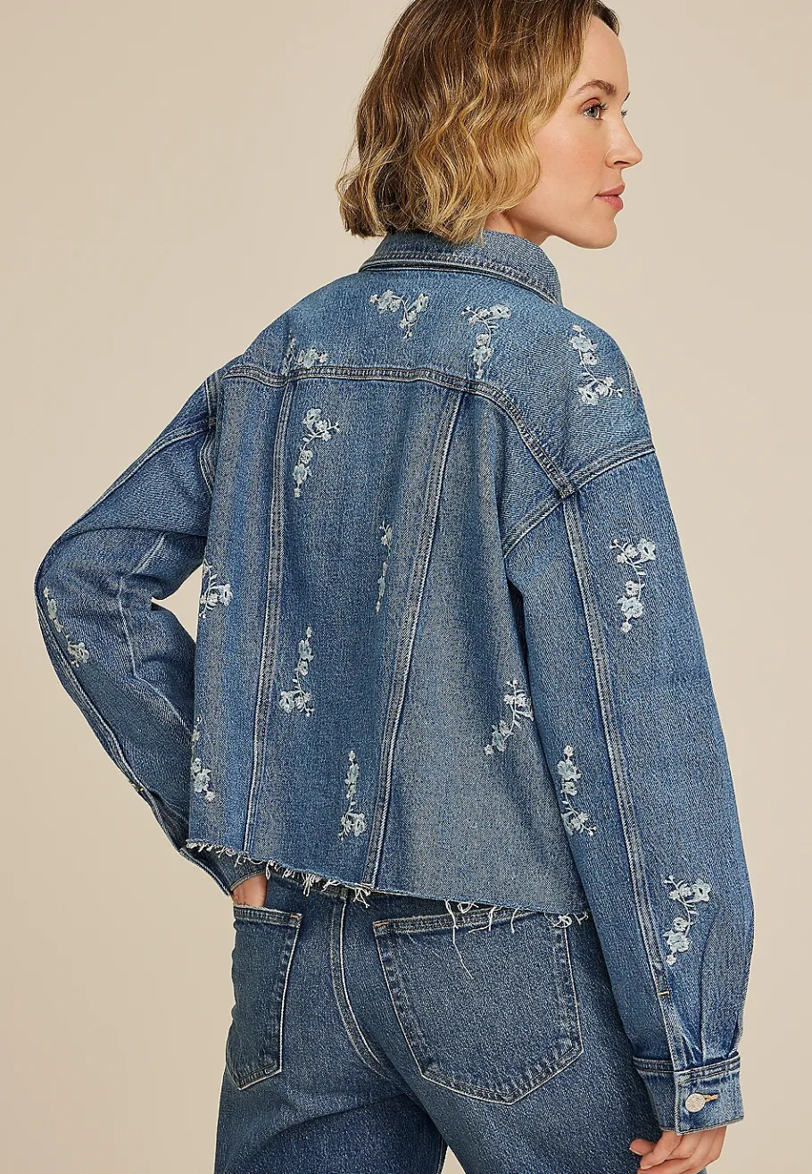 Maurices Jackets-Embroidered Floral Cropped Denim Jacket
