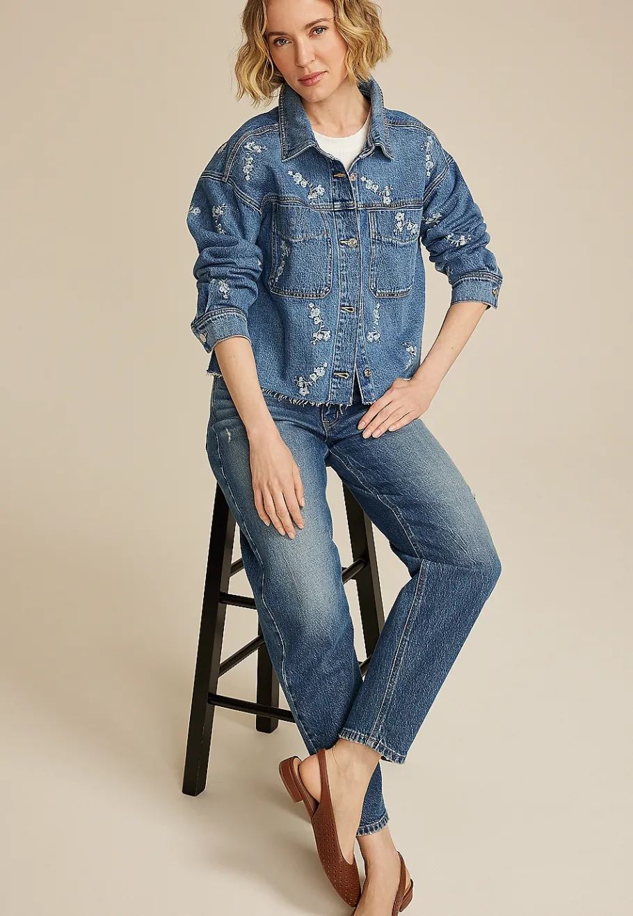 Maurices Jackets-Embroidered Floral Cropped Denim Jacket