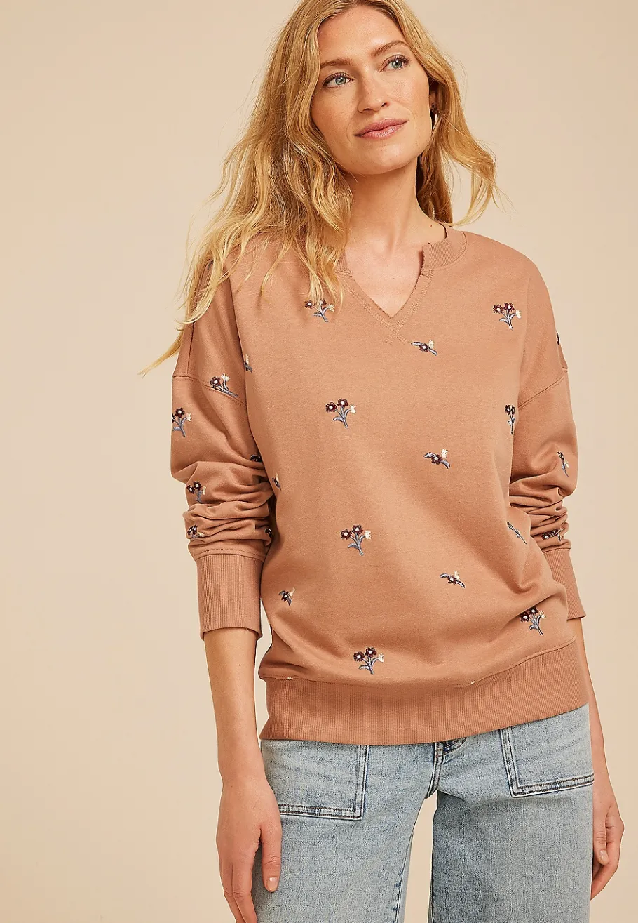 Maurices Sweatshirts-Embroidered Floral Relaxed Fit Sweatshirt