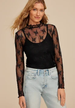 Maurices Tees-Embroidered Floral Sheer Lace Mock Neck Blouse