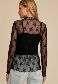 Maurices Tees-Embroidered Floral Sheer Lace Mock Neck Blouse