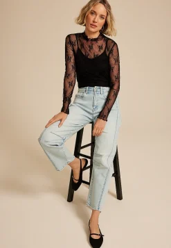 Maurices Tees-Embroidered Floral Sheer Lace Mock Neck Blouse