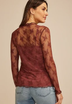 Maurices Tees-Embroidered Floral Sheer Lace Mock Neck Blouse