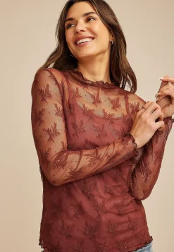 Maurices Tees-Embroidered Floral Sheer Lace Mock Neck Blouse