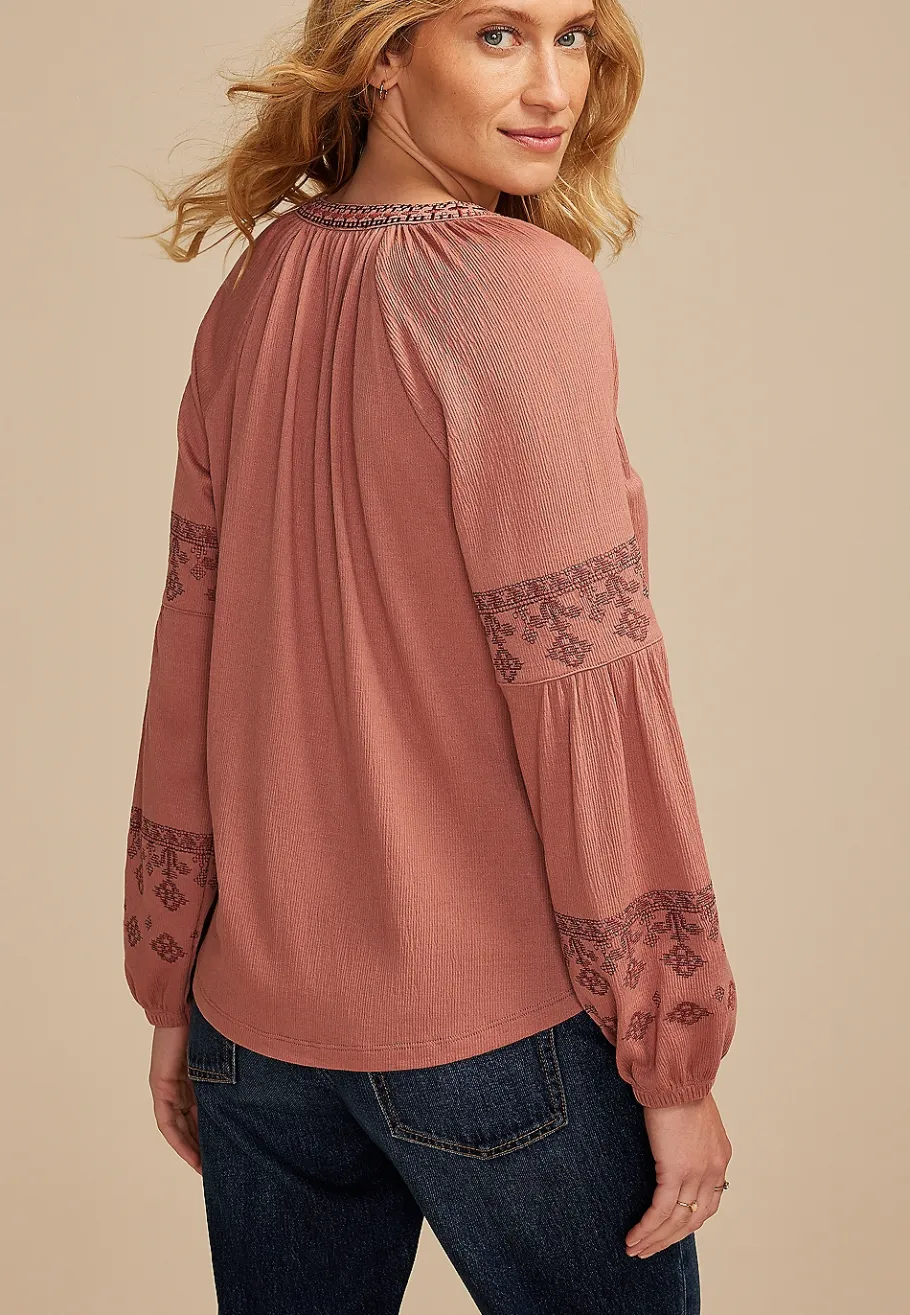 Maurices Tees-Embroidered Gauze Blouson Sleeve Top