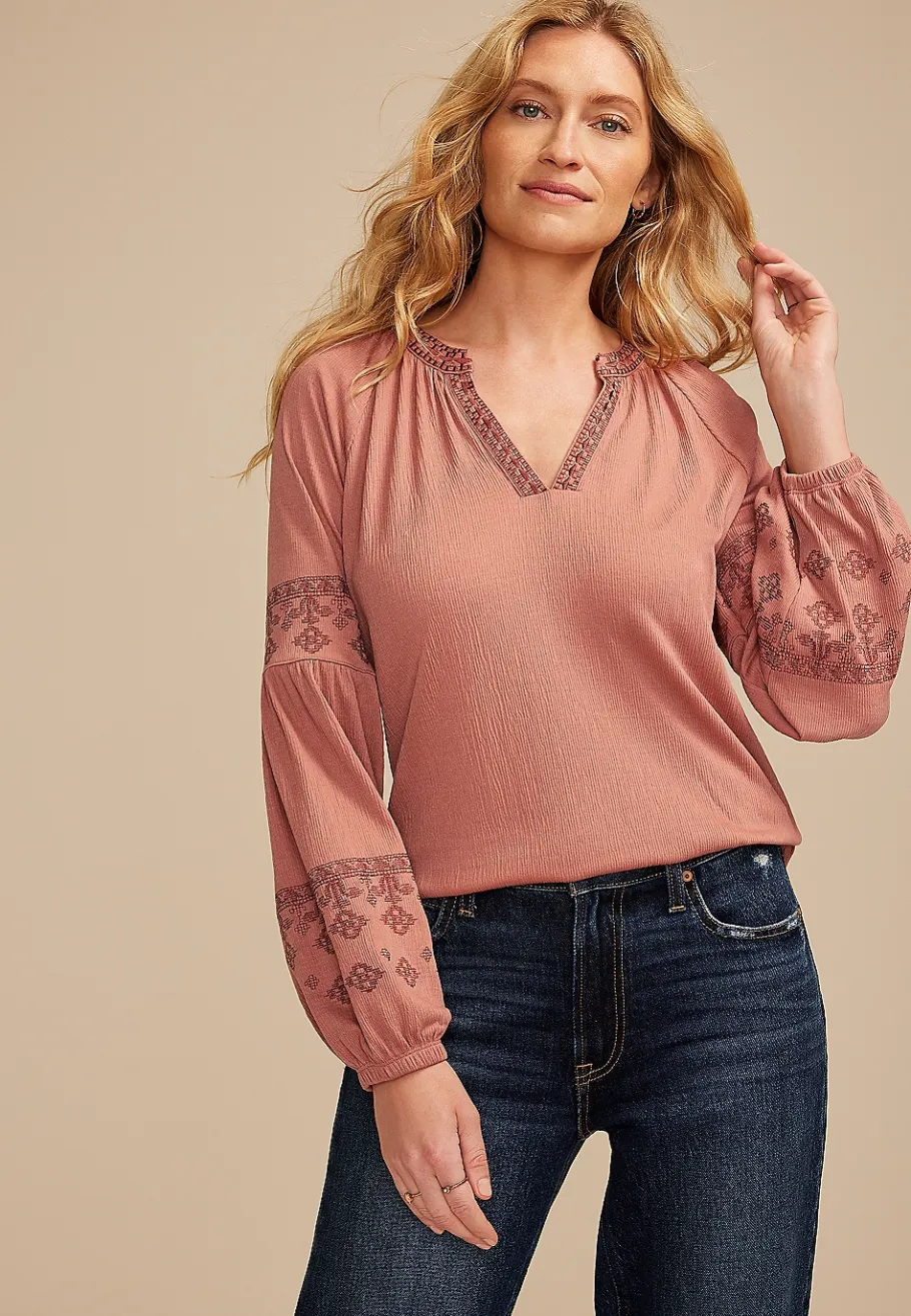 Maurices Tees-Embroidered Gauze Blouson Sleeve Top