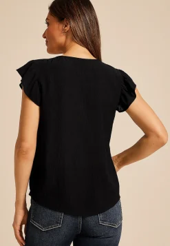 Maurices Shirts & Blouses-Embroidered Short Flutter Sleeve Tie Front Blouse