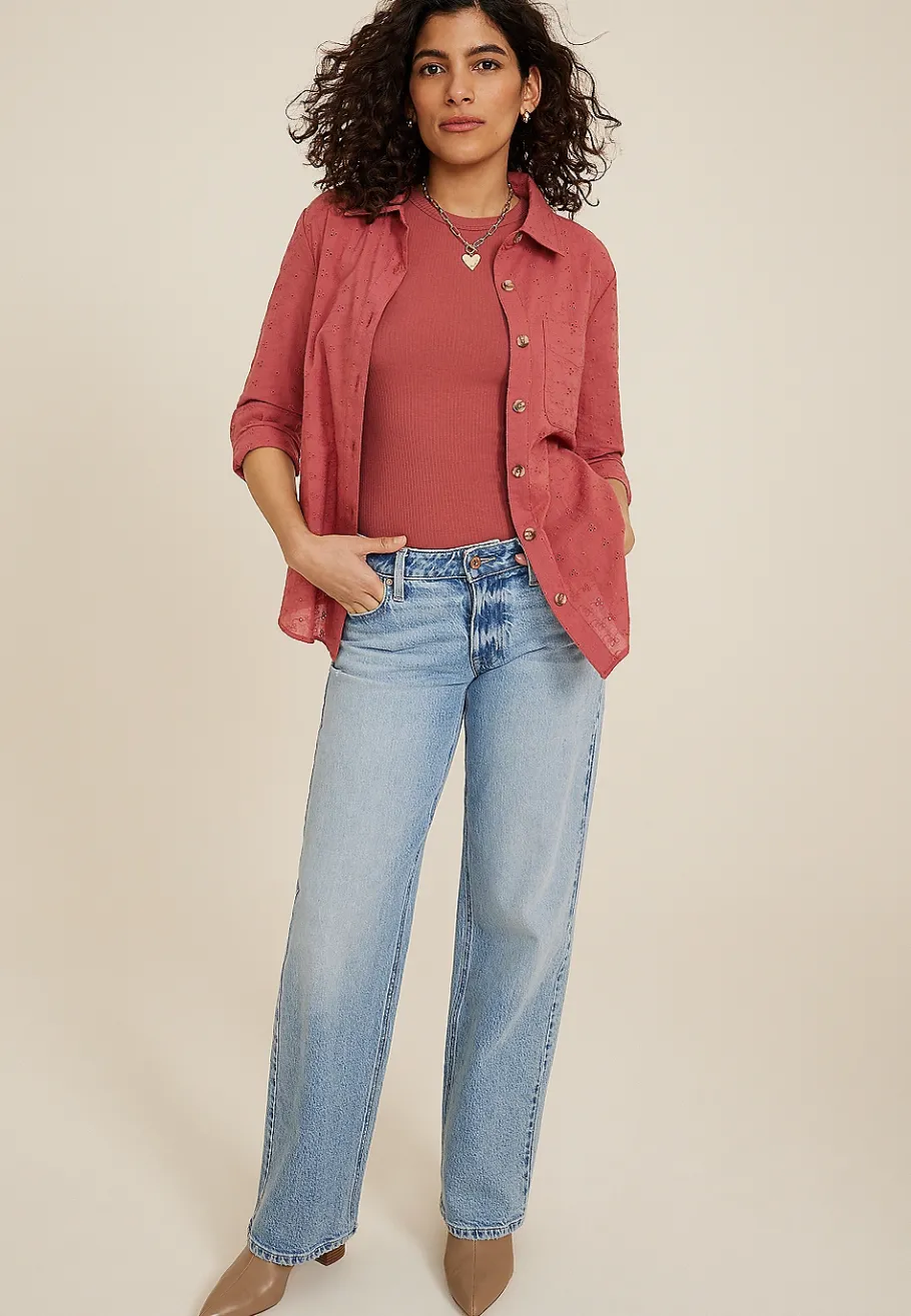 Maurices Plaid & Button Down Shirts-Eyelet Button Down Shirt