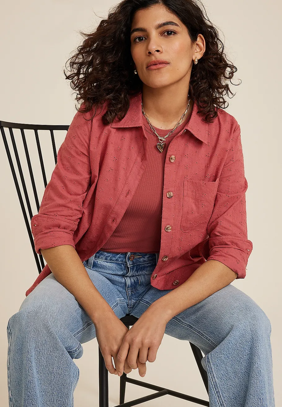 Maurices Plaid & Button Down Shirts-Eyelet Button Down Shirt