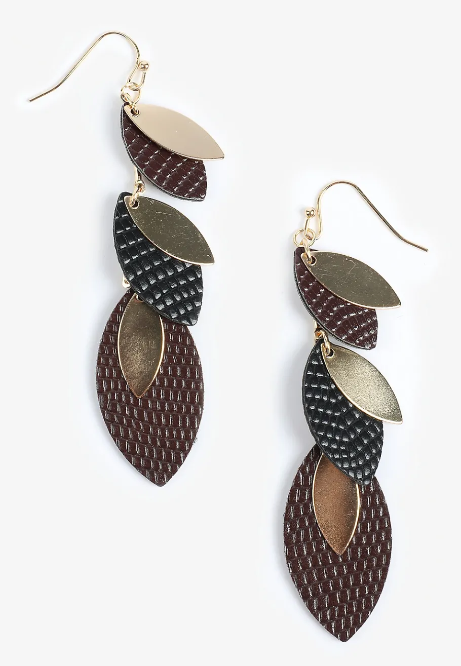 Maurices Earrings|Matching Sets-Faux Leather Black And Brown Leaf Linear Drop Earrings