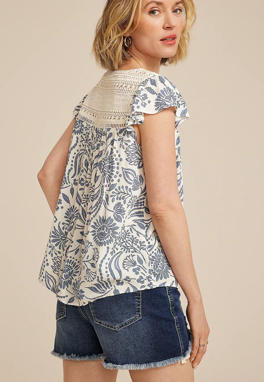 Maurices Shirts & Blouses-Floral Crochet Embroidered Tie Front Blouse