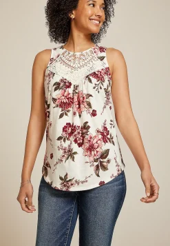 Maurices Tanks & Camis-Floral Crochet Yoke Tank Top
