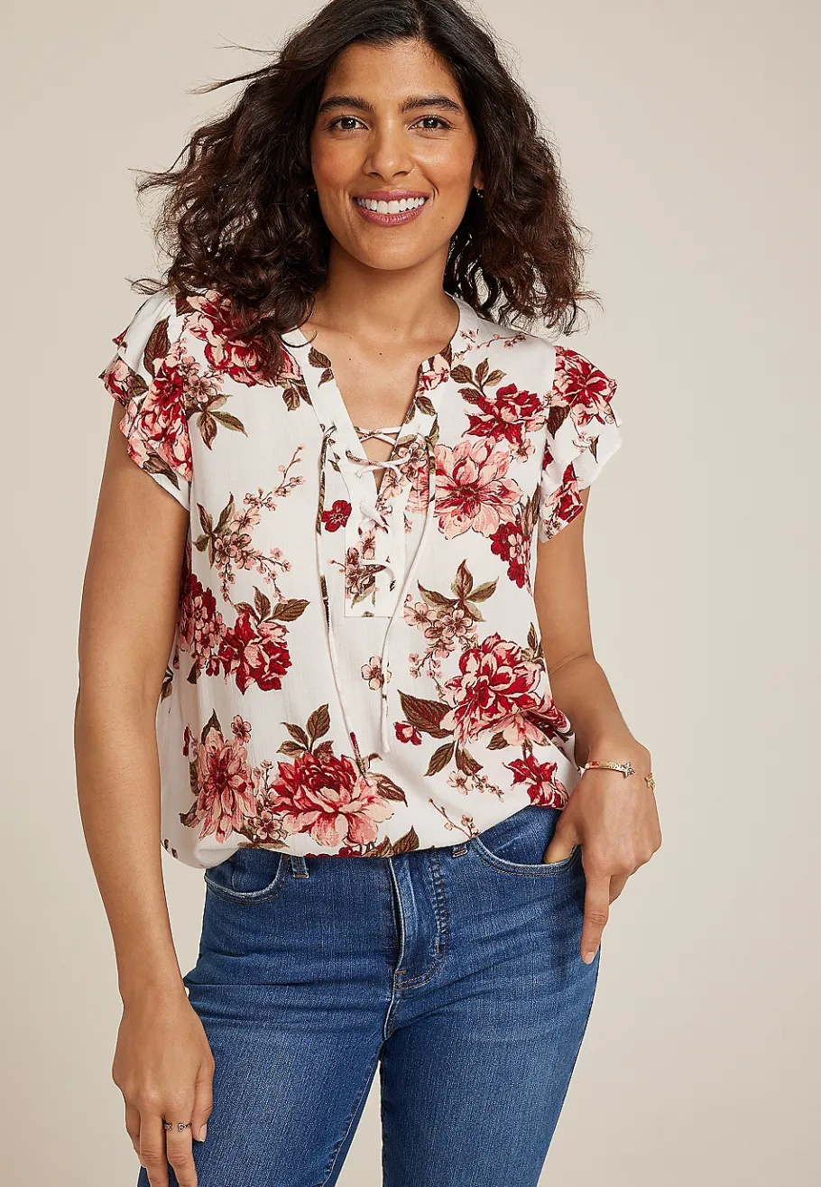 Maurices Shirts & Blouses-Floral Double Flutter Short Sleeve Blouse