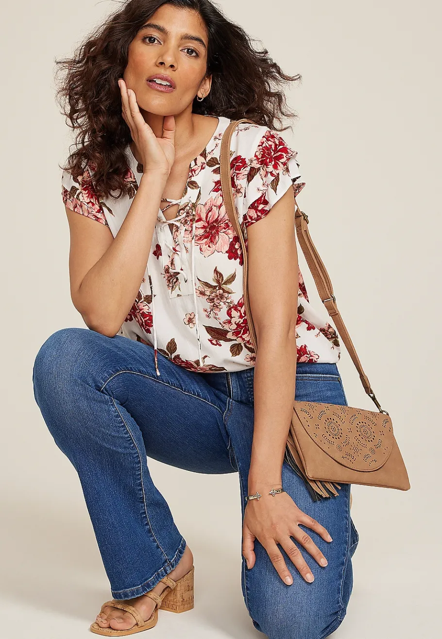 Maurices Shirts & Blouses-Floral Double Flutter Short Sleeve Blouse