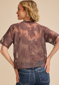 Maurices Tees|Shirts & Blouses-Floral Embroidered Mesh Short Sleeve Top