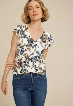 Maurices Tees-Floral Flutter Sleeve V Neck Tee