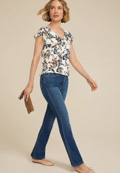 Maurices Tees-Floral Flutter Sleeve V Neck Tee