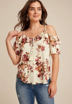 Maurices Shirts & Blouses-Floral Front Tie Cold Shoulder Top